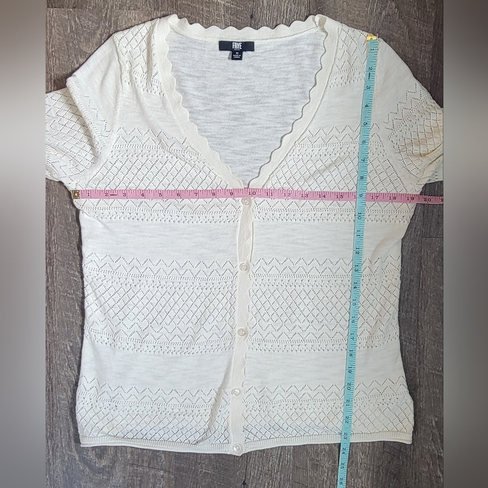 Frye Pointelle V Neck Cardigan Sweater Womens L Ivory Cottagecore 100% Cotton - Picture 8 of 11